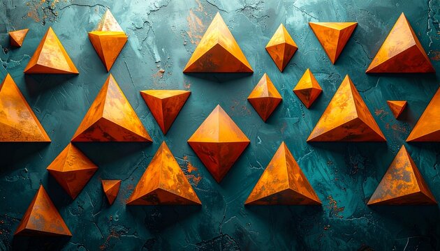 Abstract background featuring three dimensional golden orange geometric pyramid shapes arranged on a textured dark teal artistic painted surface.