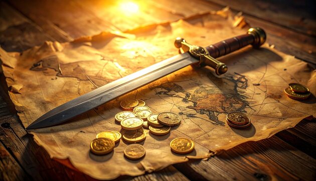 An ancient steel sword resting on an old weathered parchment treasure map surrounded by scattered golden coins with warm sunlight casting shadows.