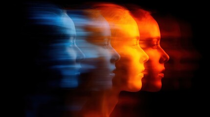 Obraz premium Abstract illustration of four female profiles in motion, showcasing a gradient of colors from blue to orange against a dark background