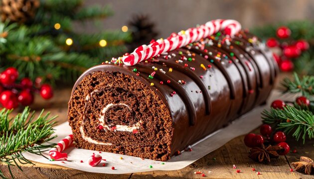 Delicious homemade chocolate yule log cake decorated with peppermint candy canes and colorful sprinkles for a festive holiday celebration.