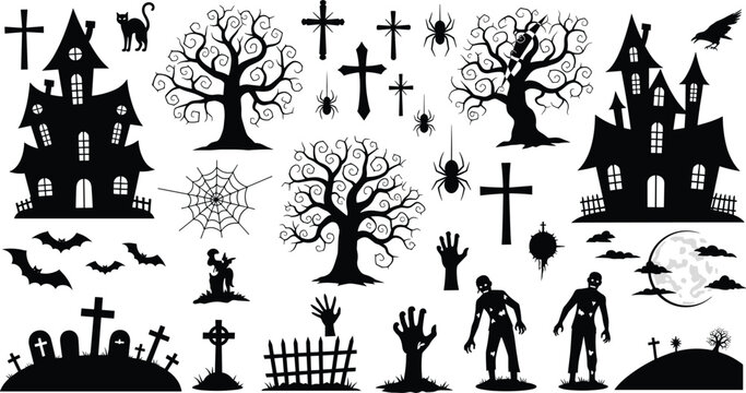 Halloween silhouette collection with haunted houses zombies spooky trees graveyard crosses bats black cat spider web moon and clouds vector set