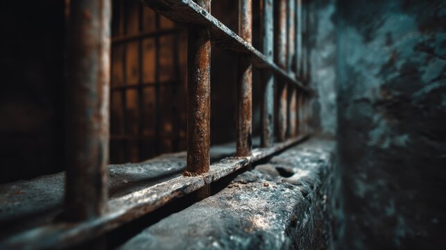 Rusty metal bars of a prison cell with a worn stone wall and floor, dimly lit, creating a somber atmosphere in an abandoned facility