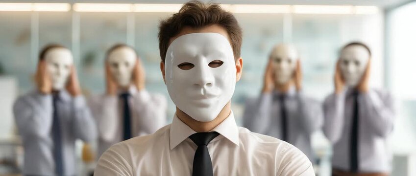 A businessman wear several expressionless masks in an office, symbolizing identity,  psychology