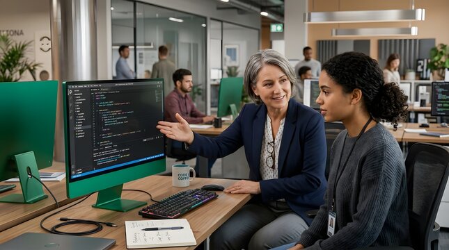 Diverse Team Collaboration in Modern Tech Office, Coding Discussion