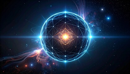 Obraz premium Abstract digital sphere with glowing geometric patterns and radiant light particles floating in a deep space background for futuristic concepts.