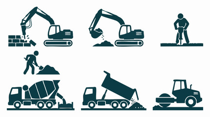 Construction equipment and worker silhouettes set for industrial process © Creative Layer
