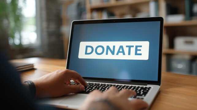 Person using laptop with a visible "DONATE" button on the screen, wooden table setting with blurred background elements indicating a home or office environment