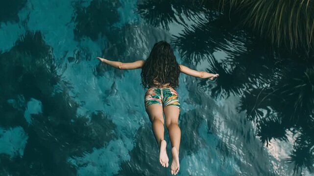 Top view of a woman diving into a turquoise ocean, surreal style