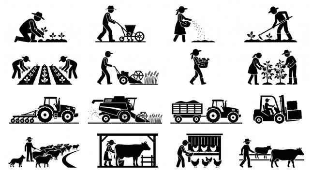 Massive collection of agriculture silhouettes featuring farmers planting crops, harvesting with tractors, tending to livestock, milking cows, and operating heavy farm equipment and tools.