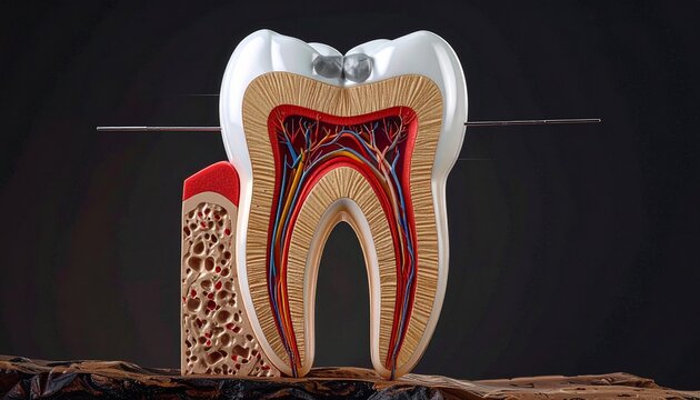 A detailed anatomical cross section of a human tooth showing enamel dentin pulp and root structure isolated on a dark background for education.