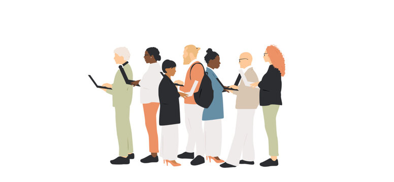 Different people standing with laptops in their hands.