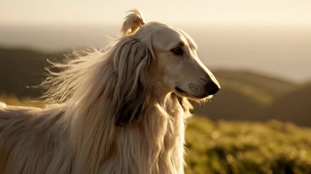 Elegant Afghan Hound Dog With Flowing Silky Hair Blowing in Wind at Golden Sunset on Open Hills