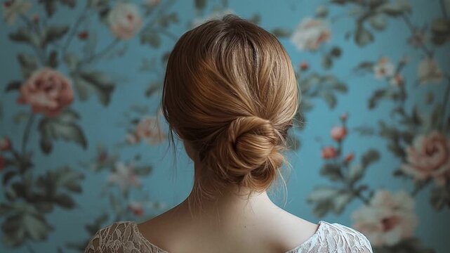 Back view of a woman with an elegant hair bun on floral background