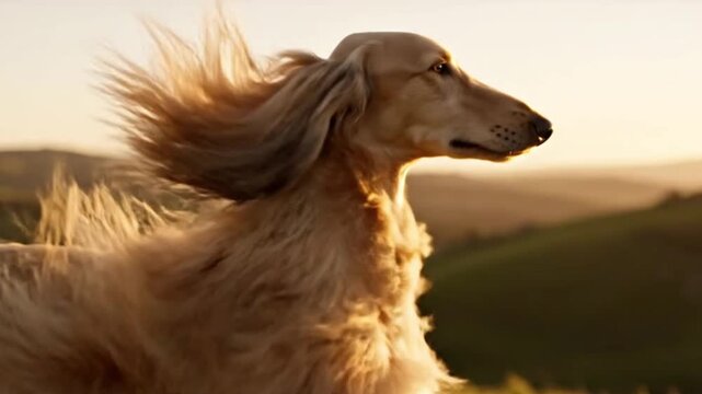 Elegant Afghan Hound Dog With Flowing Silky Hair Blowing in Wind at Golden Sunset on Open Hills