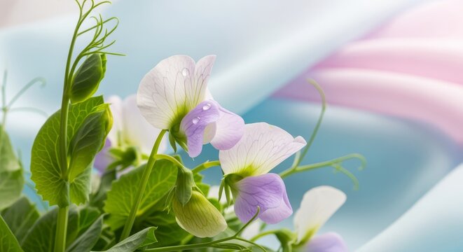 Delicate Sweet Pea Flowers with Dewdrops in Soft Sunlight