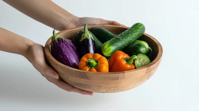 Hands holding a wooden bowl filled with fresh garden vegetables