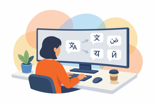 Female Freelance Translator Working at Digital Workspace Desk