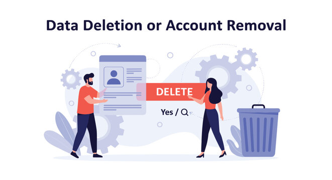 Concept for data deletion and account removal shows a man and woman managing digital privacy and security settings on a user profile interface.