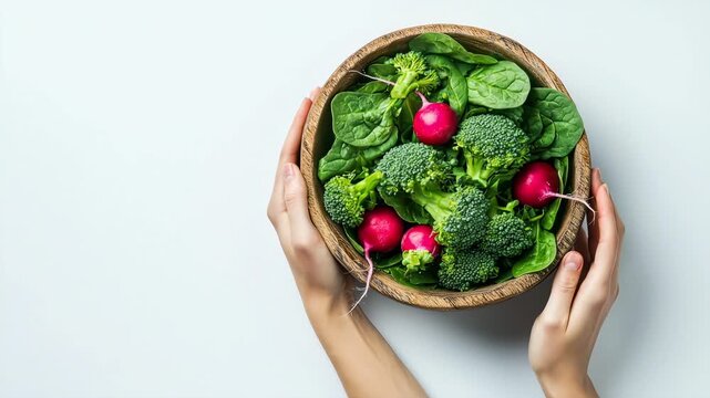 Top view of hands holding a bowl of spinach, broccoli and red radishes
