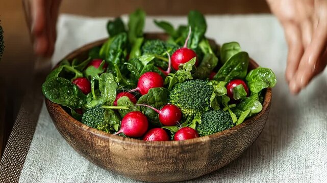 Close up of hands holding a wooden bowl with fresh radish and broccoli