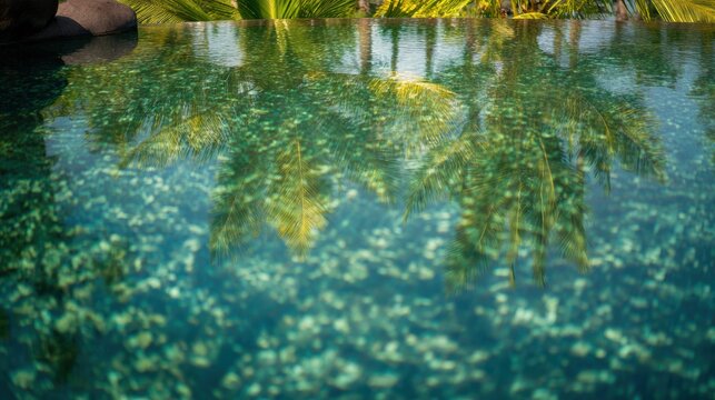 熱帯の場所では、プールの水がヤシの木を反映しています