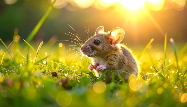A cute field mouse sitting in green grass during a warm sunny day with beautiful soft golden light and glowing bokeh in the natural background.
