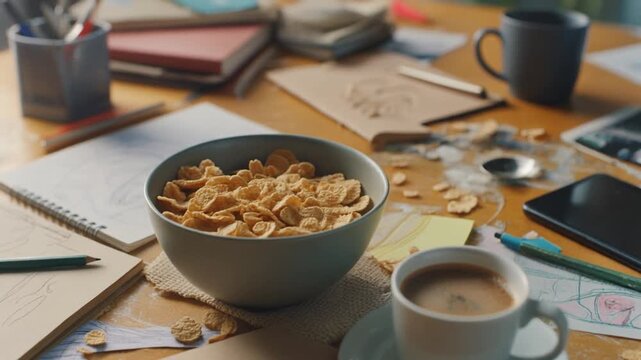 Creative workspace with messy desk scene featuring bowl of cornflakes and coffee beside sketchbook