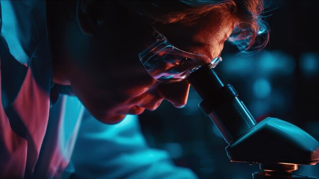 Male scientist wearing protective goggles examines specimen under microscope in laboratory with illuminated equipment and scientific instruments in the background