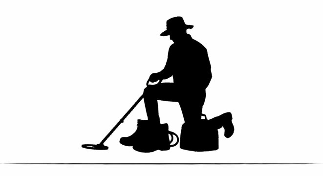 A man in silhouette kneels with a metal detector outdoors