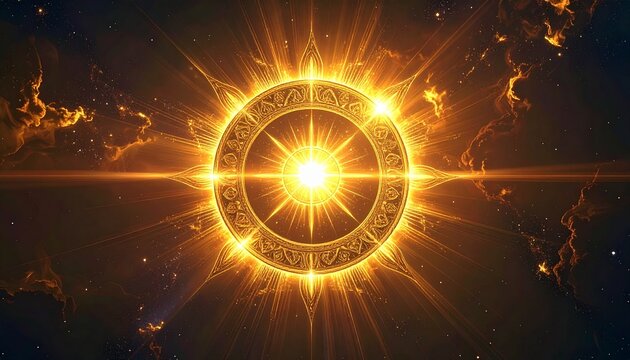 A radiant golden circular emblem glowing with cosmic light surrounded by celestial nebula clouds in a deep dark space background for concepts.