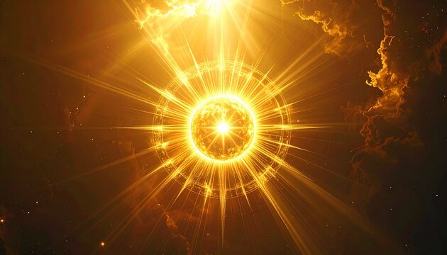A brilliant glowing golden star shining with powerful radiant light rays in deep space representing cosmic energy and spiritual enlightenment theme.