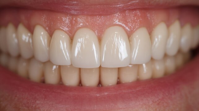 Close-up of a healthy human smile showcasing bright, white teeth with even alignment and smooth surface, highlighting dental hygiene and oral care