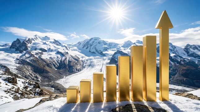 Growth chart rising above snowy mountains business analysis outdoor wide angle