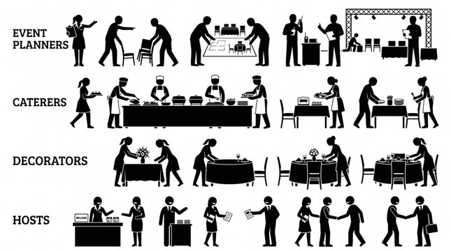 Massive collection of event management silhouettes featuring professional planners, caterers, decorators, and hosts performing various tasks like buffet setup, table decor, and greetings