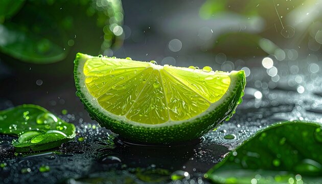 A fresh vibrant slice of lime with water droplets on a dark reflective surface representing health wellness and natural botanical ingredients.