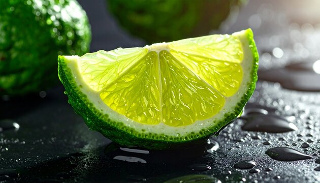 Macro shot of a fresh kaffir lime slice with vibrant green texture and water droplets on a dark reflective surface for a wellness backdrop.