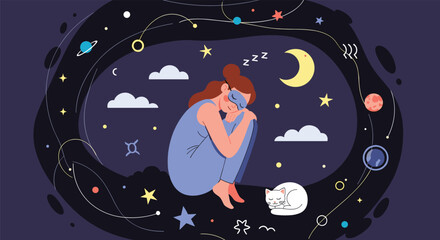 Naklejka premium Woman sleeping in a curled position among stars and planets in a dreamlike night sky with her white cat nearby.