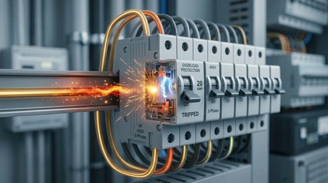 Electrical circuit breaker overload protection tripped sparking wires showing short circuit danger in industrial power distribution system