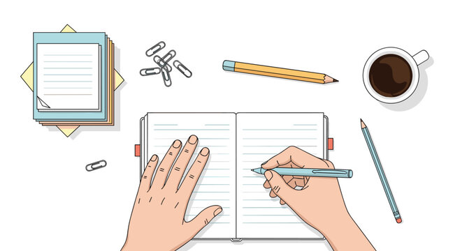 High angle view of hands writing in an open notebook on a desk with coffee, pencils, and office stationary.