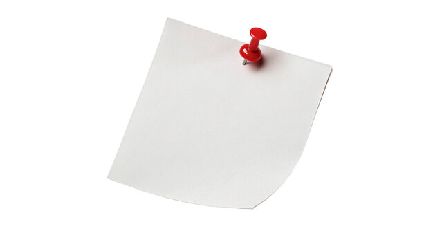 Blank paper pinned on a wall with a red push pin in a simple office setting during daylight hours isolated on transparent background