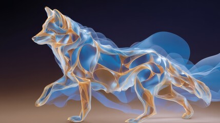 Fototapeta premium A digital, abstract representation of a fox made with glowing, flowing lines and geometric patterns on a dark background.