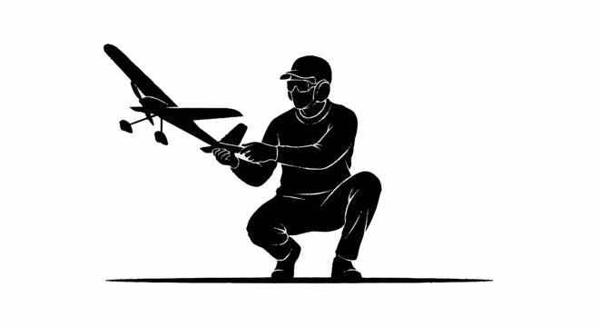 A man in a squatting position holding a small airplane model.