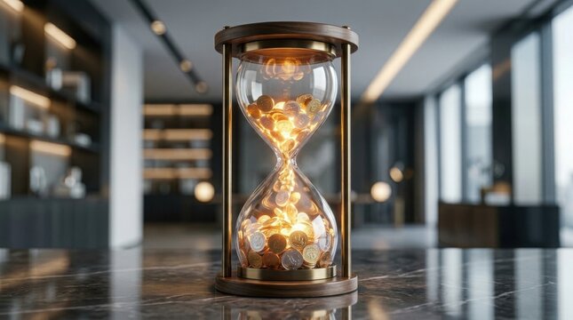 Glass hourglass filled with glowing gold coins sitting on dark marble desk inside luxury corporate office with blurred background