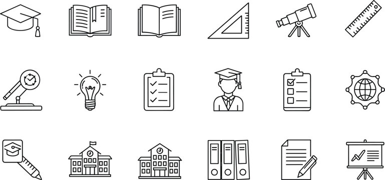 Education and Academic Vector Icons Featuring Graduation, Books, Tools, School, and Learning Resources for Academic Projects