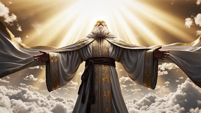 Majestic bearded man in golden robe with outstretched arms standing above clouds with radiant sunlight beams