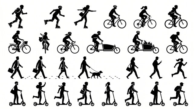 Comprehensive set of urban people silhouettes featuring commuters on bicycles, cargo bikes, electric scooters, rollerblades, walking dogs, and running in a flat vector graphics style.