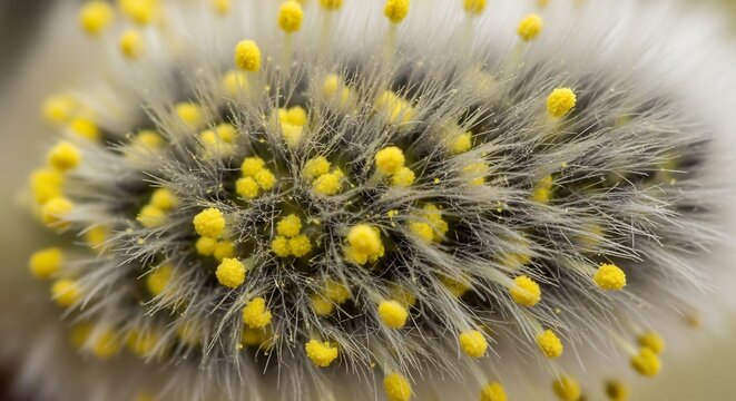 Macro photograph of a blooming pussy willow catkin with yellow pollen.