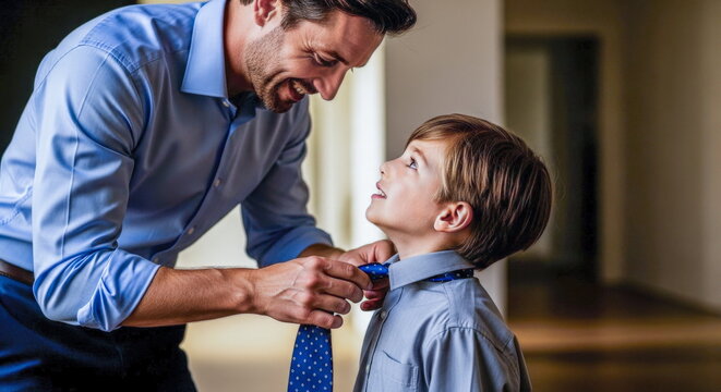 Father helping his son tie a necktie at home