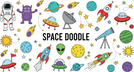 Colorful space doodle vector set with astronaut, alien, monster, rocket, UFO, planet, satellite, telescope, comet and star outer space collection © Aminul