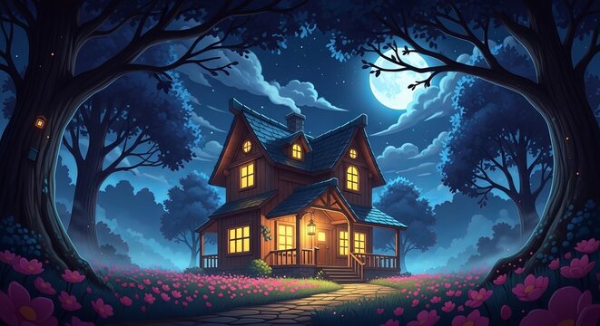 Enchanting haunted house in a dark forest with glowing lights under moonlight